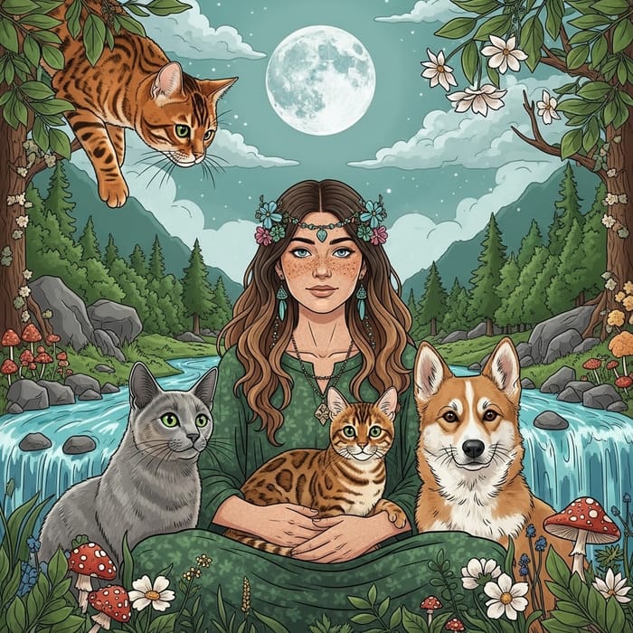 Enchanting Scene: Golden Bengal Cat, Shaman Woman, Animals in Nature