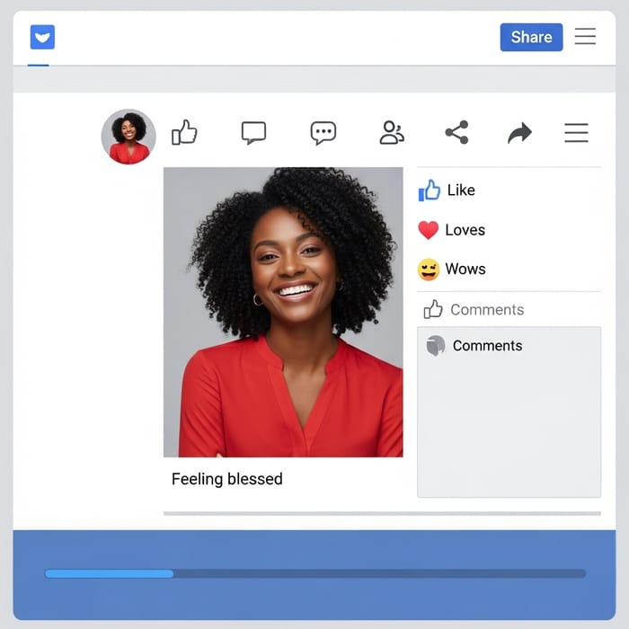 Enthusiastic Black Woman Smiling in Red Blouse | Facebook Post Enthusiastic Black Woman Smiling in Red Blouse | Facebook Post