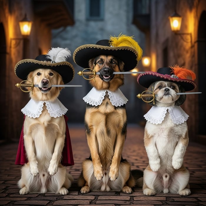 Three Dog Musketeers: Canine Renaissance Trio in 17th Century Attire