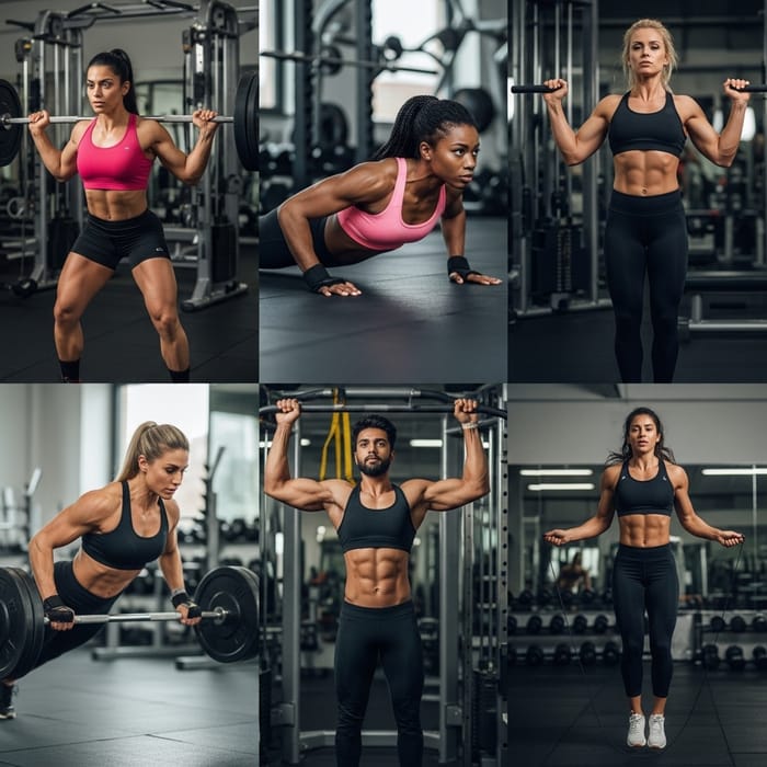 Empowering Muscle Women: Diverse Strength Training in Bright Gym Empowering Muscle Women: Diverse Strength Training in Bright Gym