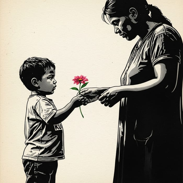 Banksy Style: Child Presents Flower to Mom in Graffiti Art