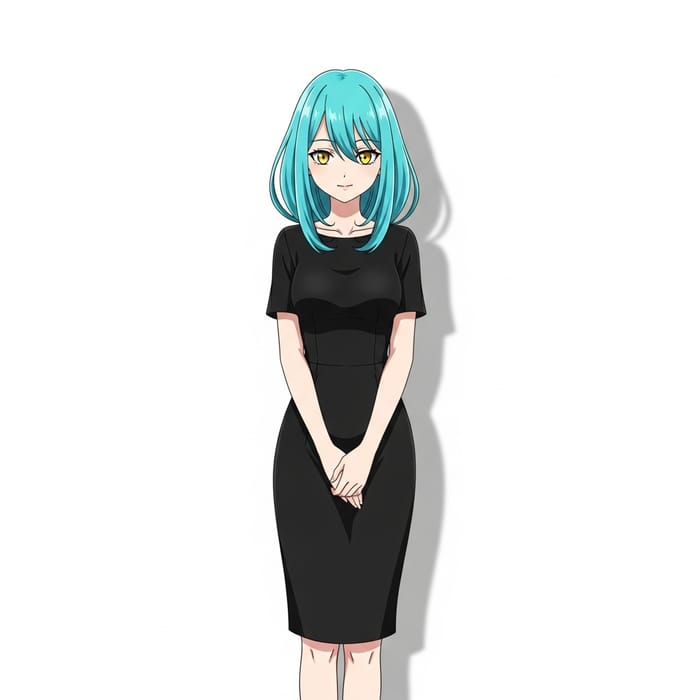 Cyan Hair & Yellow Eyes Anime Girl in Elegant Black Dress