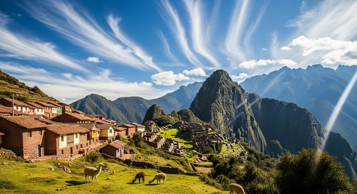 Peaceful Peruvian Landscape: Terracotta Houses, Mountains & Alpacas