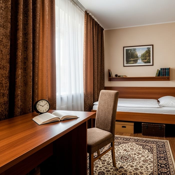 Stylish Room with Table, Chair, Bed, Shelf, and Décor Stylish Room with Table, Chair, Bed, Shelf, and Décor