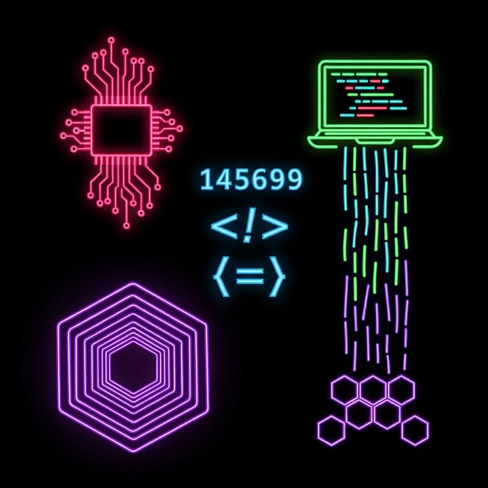 Vibrant Neon Programming Designs - Circuit Board, Coding Symbols & Laptop