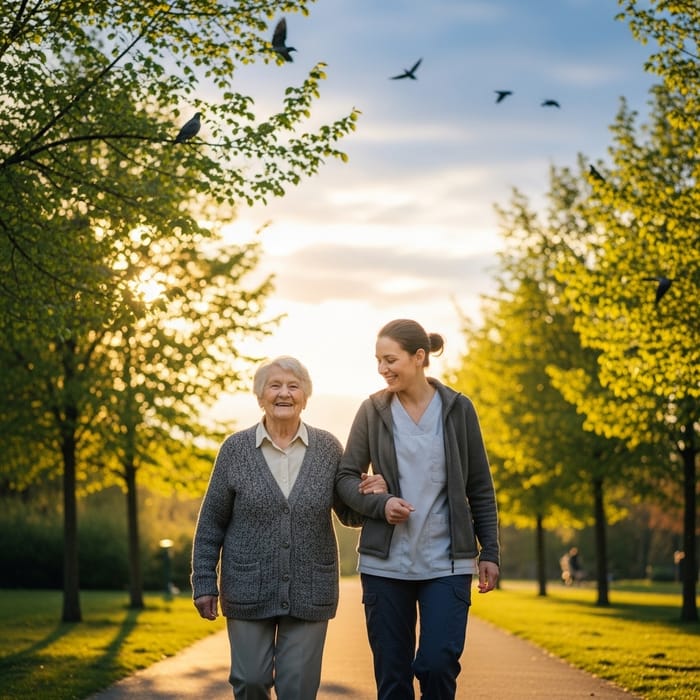 Smiling Senior Person and Caregiver Strolling Among Trees Smiling Senior Person and Caregiver Strolling Among Trees