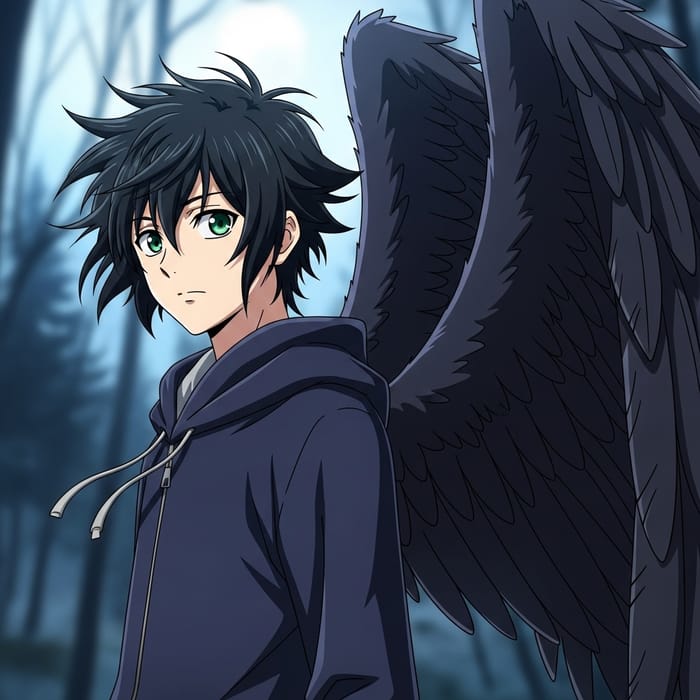 Anime Character with Enchanting Green Eyes & Dark Angel Wings Anime Character with Enchanting Green Eyes & Dark Angel Wings