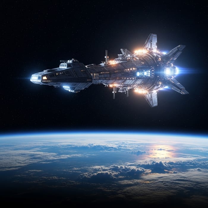 Spaceship Glowing Near Earth - Epic Space Encounter
