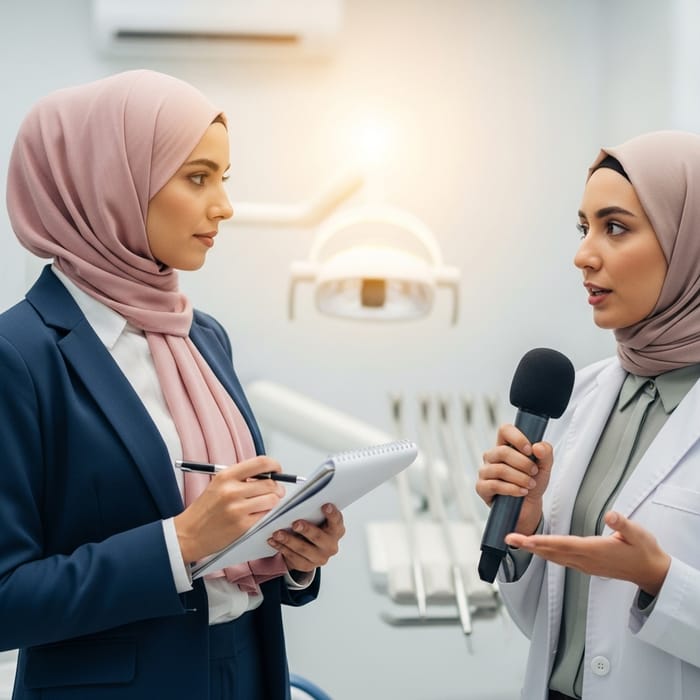 Hijab-Wearing TV Host Interviews Dentist - Microphone Shot Hijab-Wearing TV Host Interviews Dentist - Microphone Shot