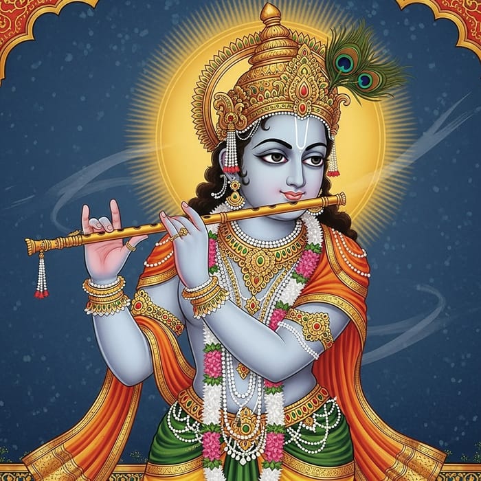 Krishna Playing Flute in Traditional Indian Miniature Art Krishna Playing Flute in Traditional Indian Miniature Art