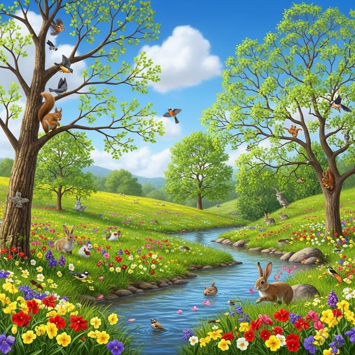 Vibrant Spring Scene: Fresh Leaves, Blooms & Animals in Nature Vibrant Spring Scene: Fresh Leaves, Blooms & Animals in Nature