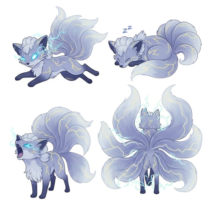 2D Electric Ghost Fox Creature Illustration in Fierce Poses 2D Electric Ghost Fox Creature Illustration in Fierce Poses