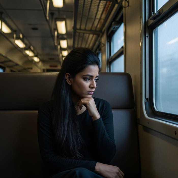 Beautiful Woman with Long Black Hair on Empty, Eerie Train Beautiful Woman with Long Black Hair on Empty, Eerie Train