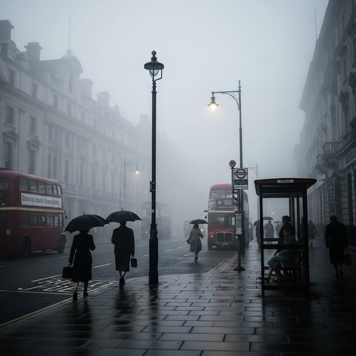 London Fog 1950s Street: Vintage Vibes and Dim Ambiance London Fog 1950s Street: Vintage Vibes and Dim Ambiance