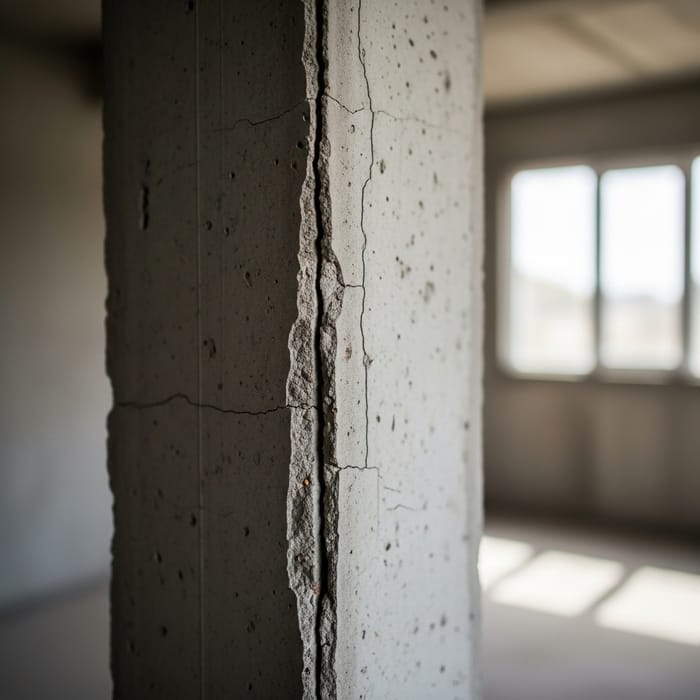 Close-Up of Concrete Column Cracks in One-Story Building