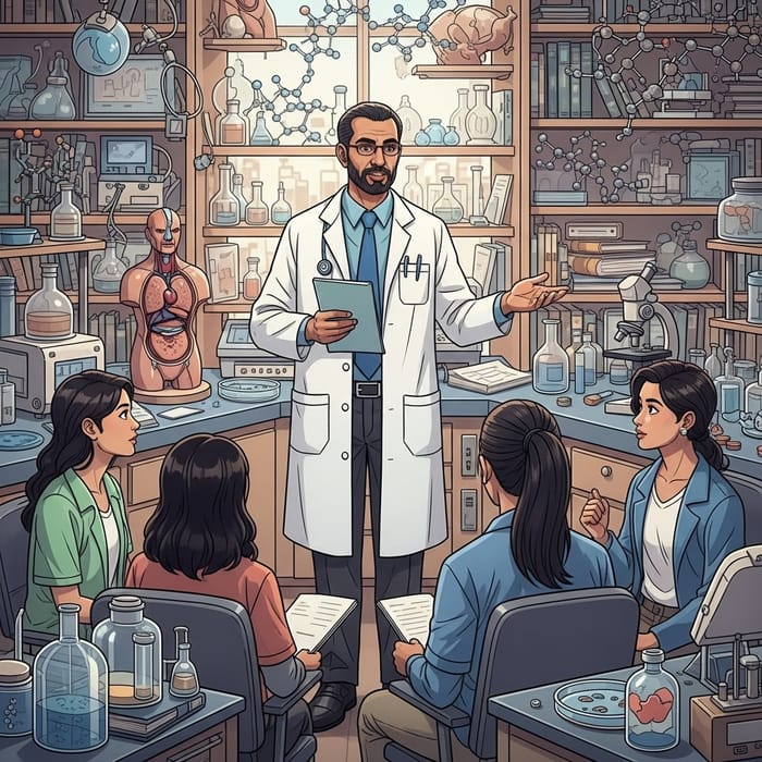 Interactive Biochemistry Class with Diverse Students and Middle Eastern Doctor