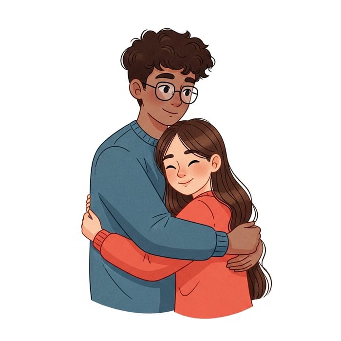 Warm Embrace of a Man and Woman with Glasses and Long Hair