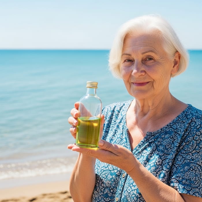 Elderly Woman Enjoying Beach Time with Avocado Oil Elderly Woman Enjoying Beach Time with Avocado Oil