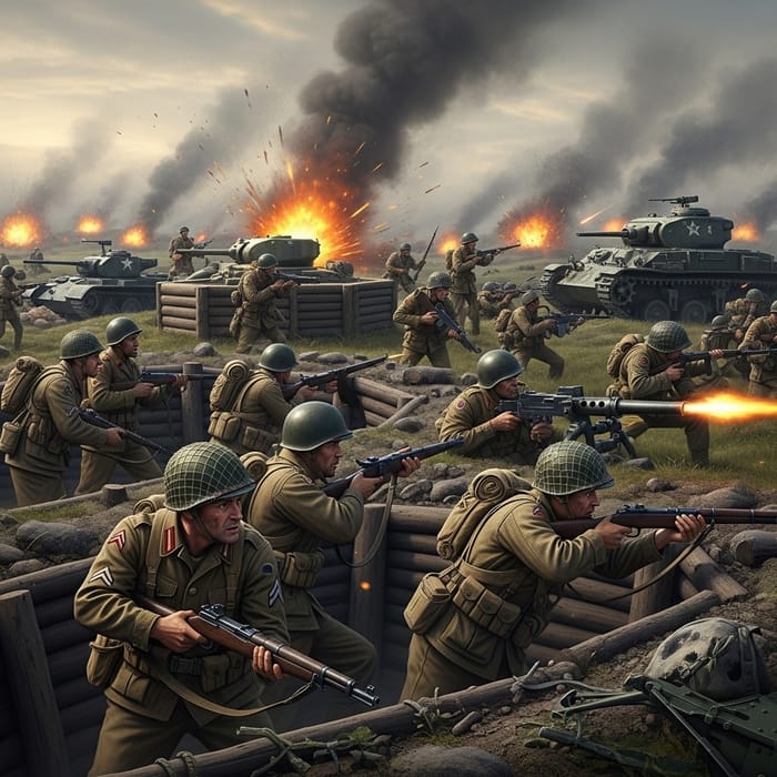 WW2 Battle Scene: Soldiers, Trenches, Tanks, Explosions WW2 Battle Scene: Soldiers, Trenches, Tanks, Explosions