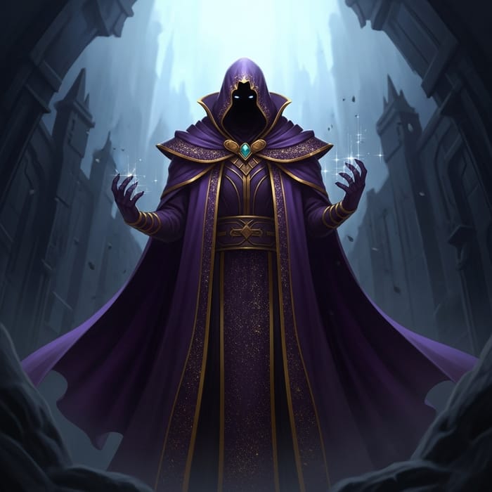 Fantasy Cloaked Figure in Deep Purples & Shimmering Golds Fantasy Cloaked Figure in Deep Purples & Shimmering Golds