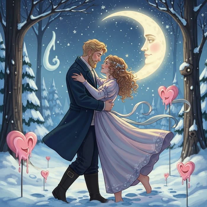 Enchanting Couple Dances in Moonlit Forest with Whimsical Hearts