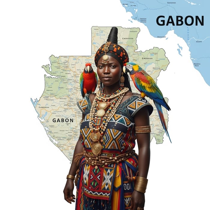 Traditional Gabonese Woman with Parrot and Map