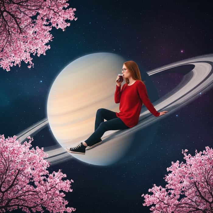 Serene Red Haired Girl Enjoys Turkish Tea on Saturn's Ring Serene Red Haired Girl Enjoys Turkish Tea on Saturn's Ring