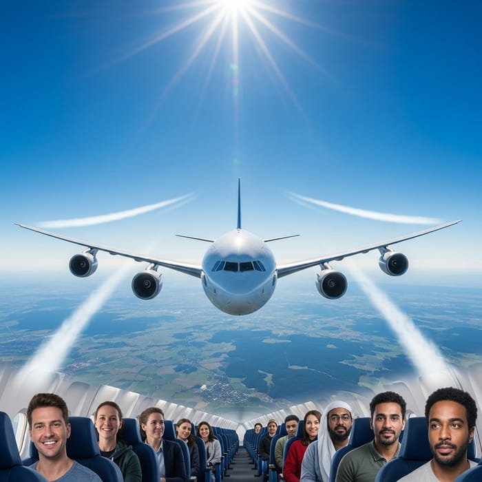 Commercial Airplane Flying Over Rural Landscapes | Bright Sky