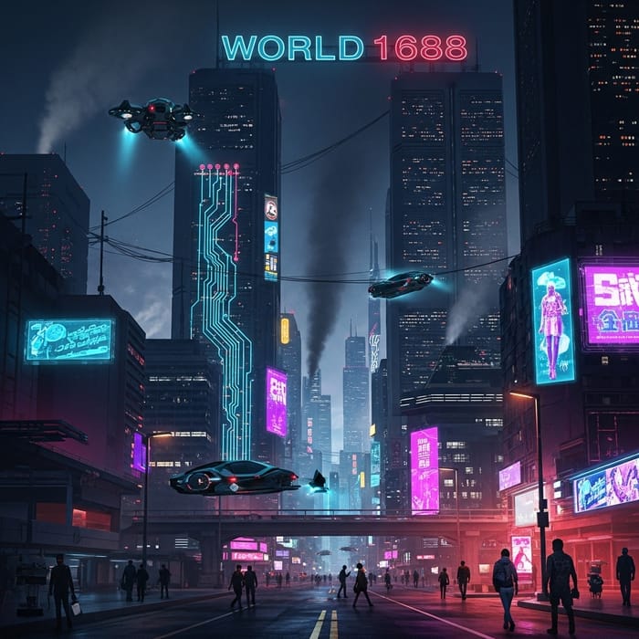 WORLD1688: Cyberpunk City with Neon Lights