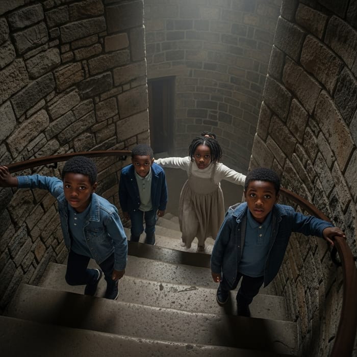 Spiral Staircase Guide: Ghostly Girl Leads Boys in Lighthouse