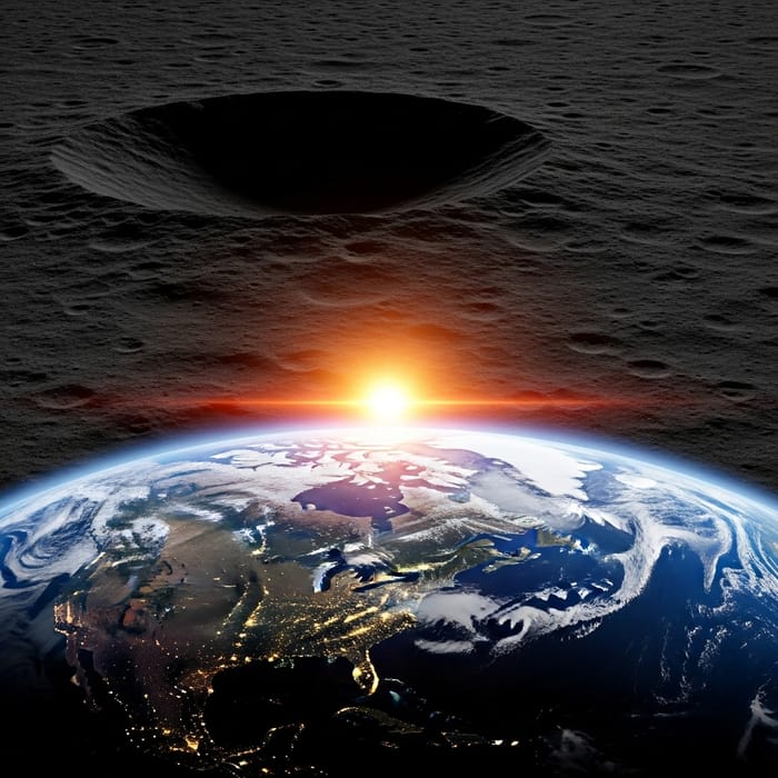 Vivid Earth Sunrise with Lunar Crater View Vivid Earth Sunrise with Lunar Crater View