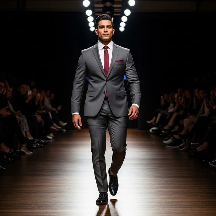 Captivating Hispanic Male Model Striding Down Runway in Stylish Suit