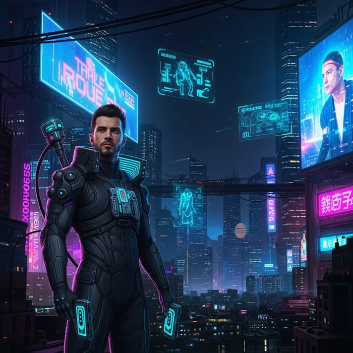 Roque in Neon Cyberpunk City: Futuristic Artwork Roque in Neon Cyberpunk City: Futuristic Artwork