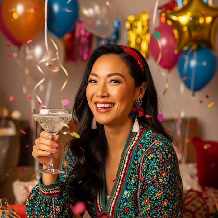 Joyful Woman Celebrating with Sparkling Drink Joyful Woman Celebrating with Sparkling Drink