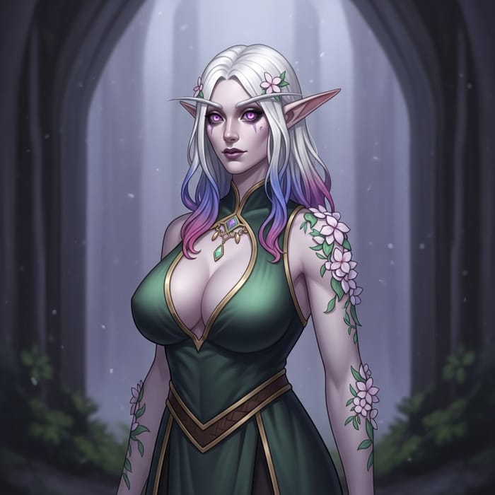 Enchanting Elf Character | White Hair, Green & Purple Eyes, Floral Adornments