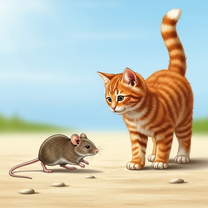 Cat and Mouse Playful Scene in Colorful Palette