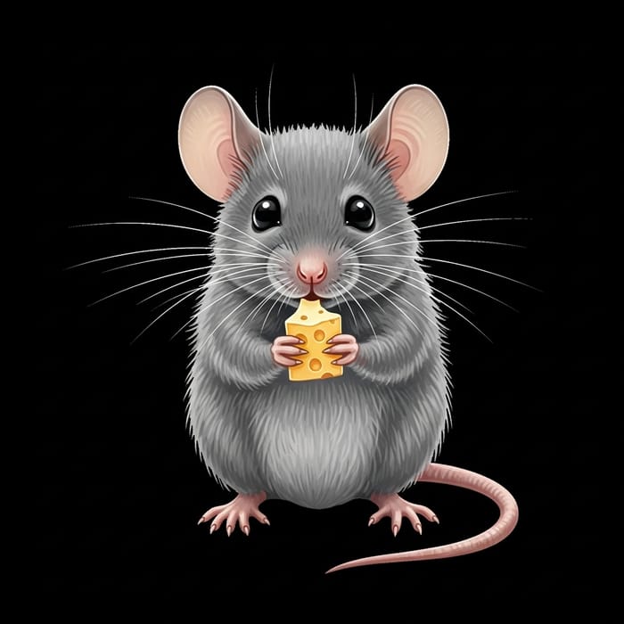 Drawn Grey Mouse Nibbling Cheese Drawn Grey Mouse Nibbling Cheese