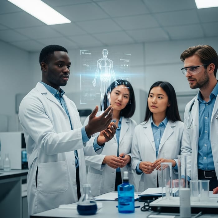Scientist with Human Body Hologram in Lab Scientist with Human Body Hologram in Lab