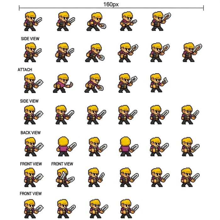 Traditional Tabletop RPG Pixel Art Sprite Sheet: Platformer Character Design