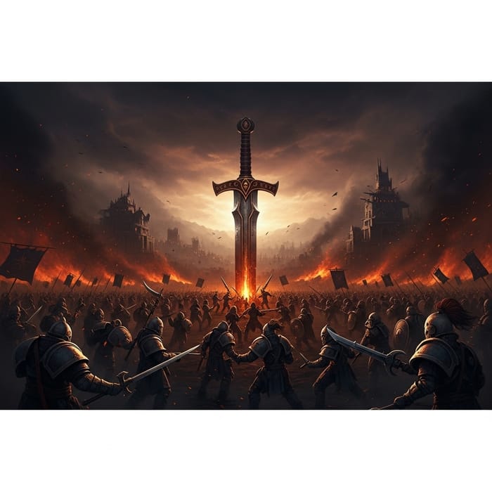 Expansive War Base with Enormous Sword - Gritty Battle Scene