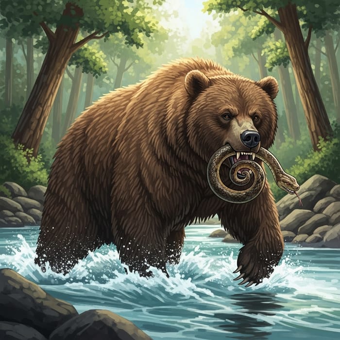 Majestic Bear Carrying Snake Through Forest River