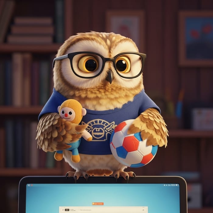 Cute Owl with Glasses on Computer Holding Doll and Soccer Ball Cute Owl with Glasses on Computer Holding Doll and Soccer Ball