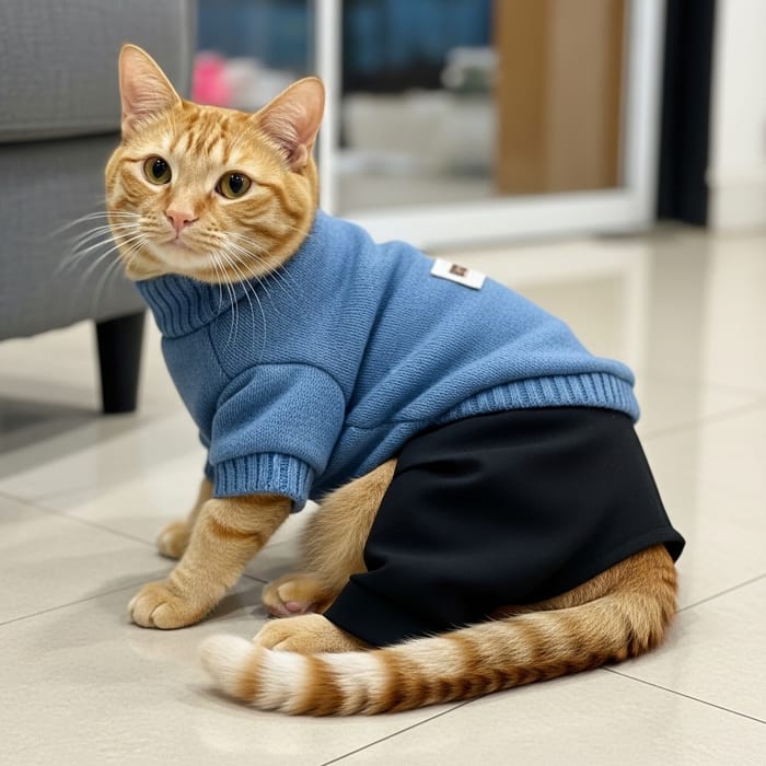 Stylish Orange Cat in Cerulean Sweater & Black Pants Stylish Orange Cat in Cerulean Sweater & Black Pants