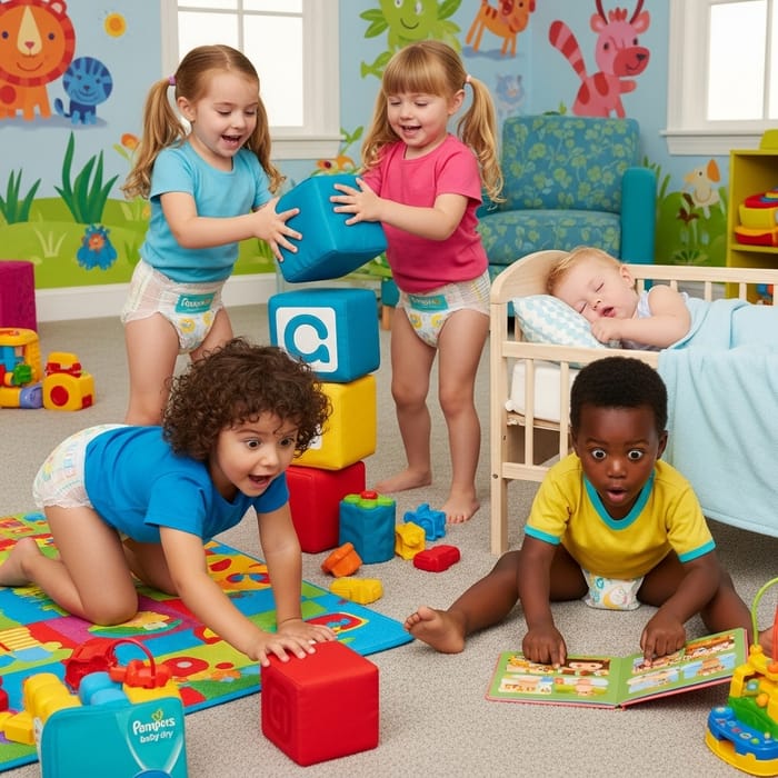 Children Acting like Babies in Pampers Baby Dry Diapers