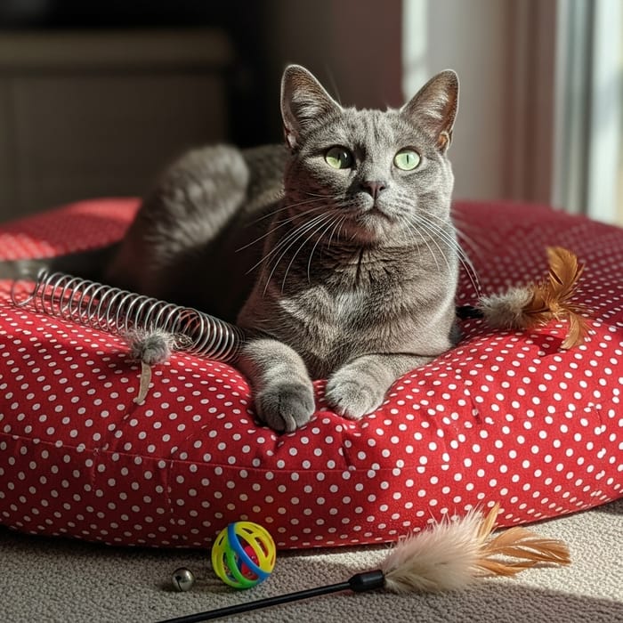 Adorable Grey Cat Napping on Red Cushion