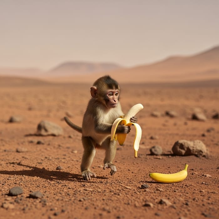 Playful Monkey on Mars with Ripe Banana Jumping Joyfully Playful Monkey on Mars with Ripe Banana Jumping Joyfully