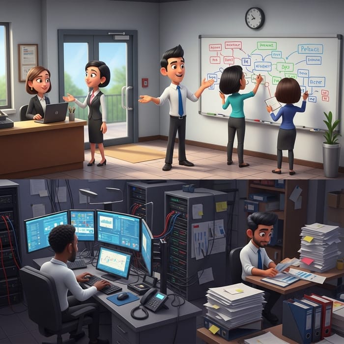 Disney Pixar Style Office Scene: Diverse Professionals in Joyful Workplace Disney Pixar Style Office Scene: Diverse Professionals in Joyful Workplace