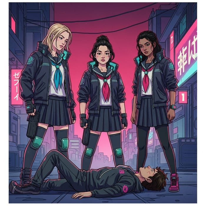 Futuristic Cyberpunk Schoolgirls - Vibrant Anime Action