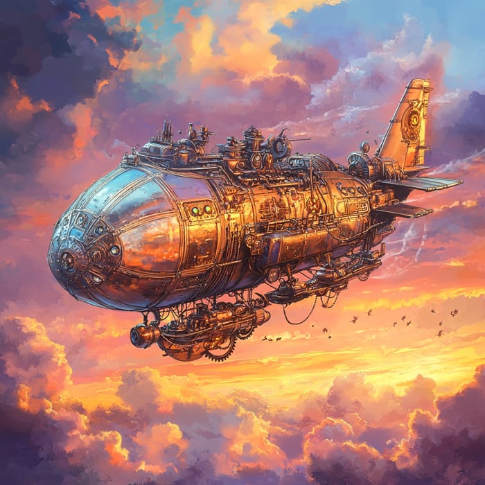 Whimsical Steampunk Airship at Sunset