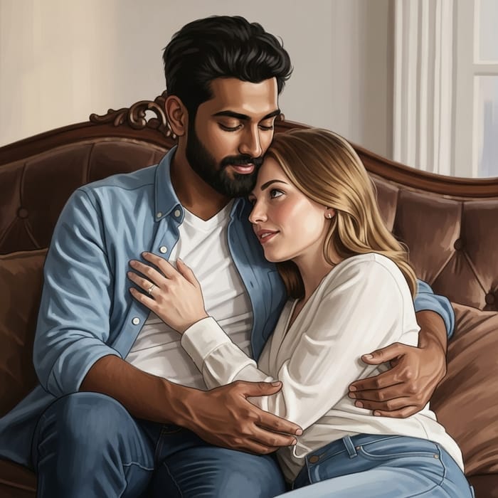 Romantic Embrace on a Plush Couch | Digital Art Romantic Embrace on a Plush Couch | Digital Art